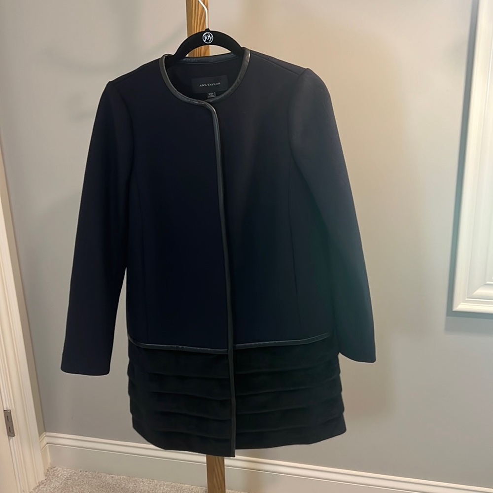 Ann Taylor Faux Fur Accented Dark Navy Blue Coat